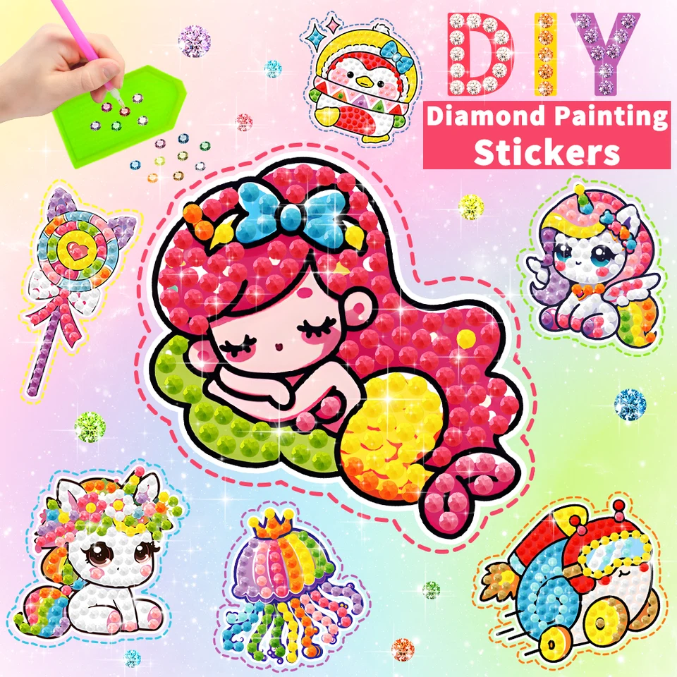 Kit Diamond Painting Per Bambini 5D: 12 Adesivi Cartoon Con Strass, Penna E Vassoio – Attività Creativa Fai Da Te