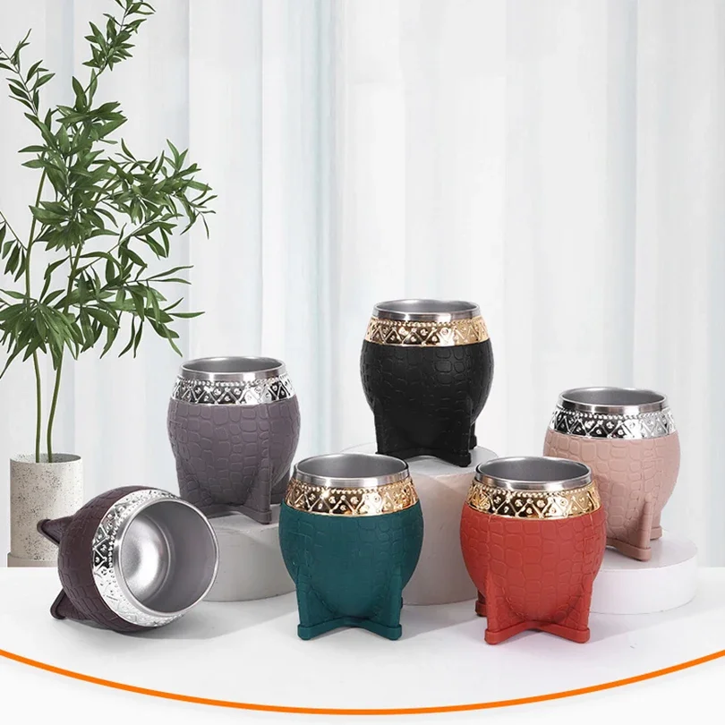 1Pc Stainless Steel Double-layer Paraguay Water Cup  With Straw Turtle Shell Texture Eggshell Cup Leather Texture Eggshell Cup