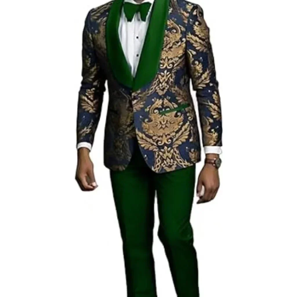 Stylish Slim Fit Mens Suits Floral Jacquard Shawl Lapel 2 Pieces Blazer and Pant Set Tuxedo Set Prom Wedding Dress Business