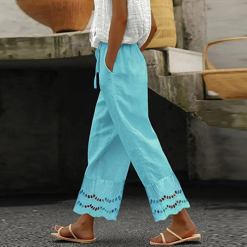 

Spring Sexy Bottoming Hollow Lace Pants Women Lace-up Pocket Straight Tousers Summer Casual Solid Streetwear Sweatpants Harajuku