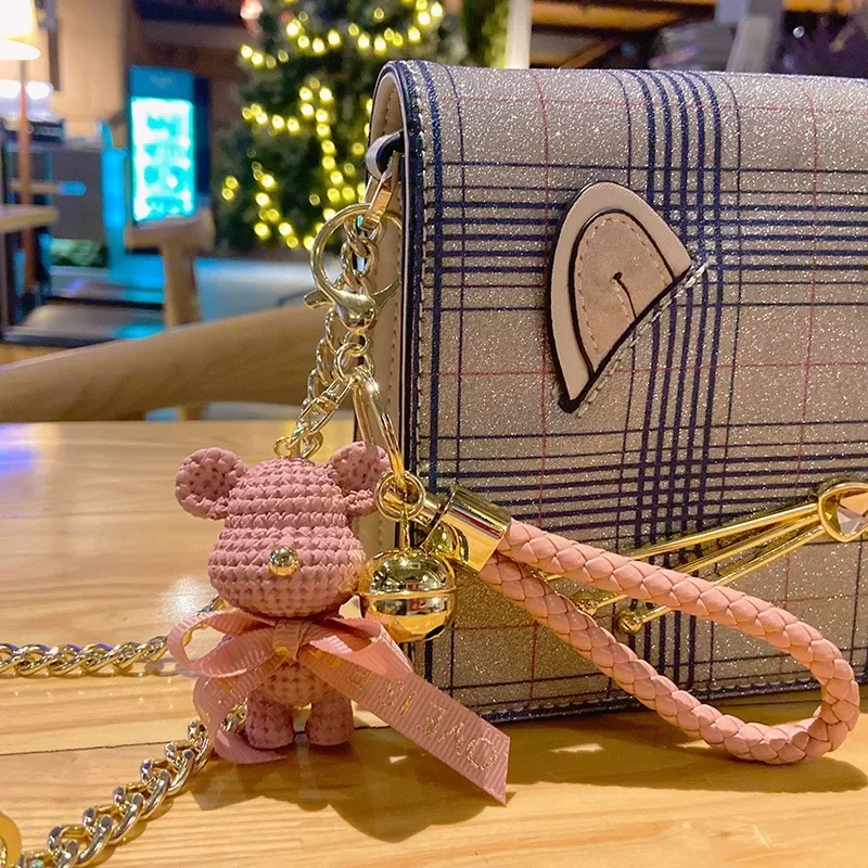 Cute Bear Key Chain Resin Bow Bell Rabbit Keychain Weaving Fashion Doll Bag  Pendant Holiday Car