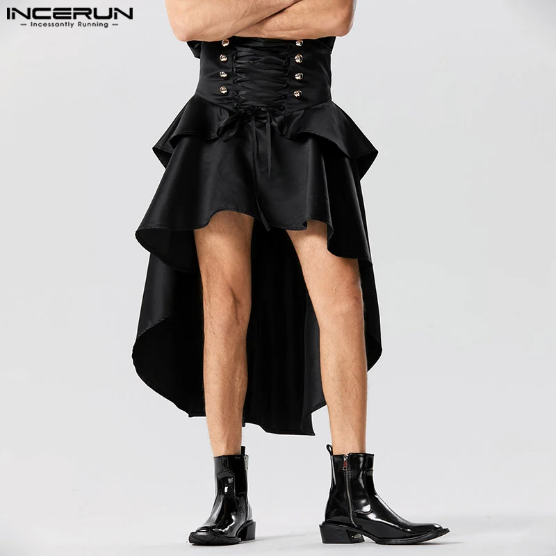 

INCERUN 2023 Men Solid High Waisted Double Breasted Tie Up Front Trousers Stylish Male Long Hem Double Layered Skirts Pant S-5XL