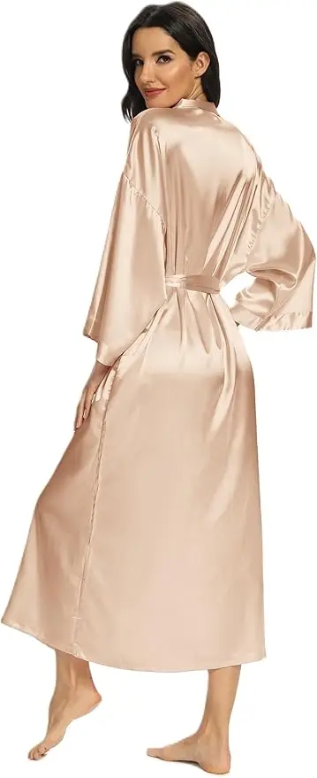 Women's Satin Robe Belted Elegant Solid Color Silky Comfort Bathrobe Loungewear 3