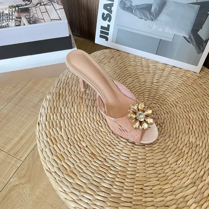 2023 Lace Round Toe High Heels Mesh Breathable Rhinestone Thin Heel Women's Sandals 6CM Wedding Shoes