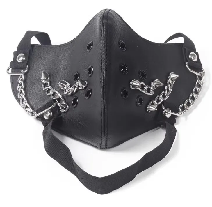 Men Women's Hollow Out PU Leather Chain Punk Rock Mask Lady's Breathable Party Cosplay Halloween Mouth-muffle R1947