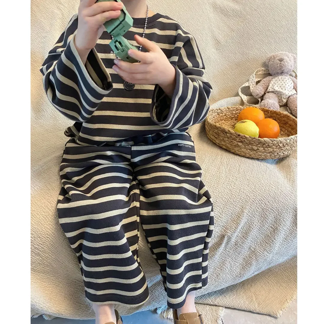 Korean Children Clothing Autumn Sets Sweatshirts+Pants 2Pcs Suit Spring Stripe Baby Soft Cotton Outfits Kids Casual Tracksuit