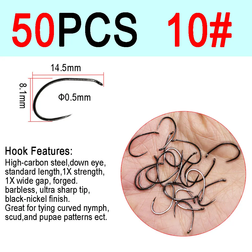 Vampfly 50PCS Barbless Curved Standard Length Fly Tying Hook For Tying  Nymph Scuds Pupae Fly Trout Fly Fishing Hook 10# 12# 14#