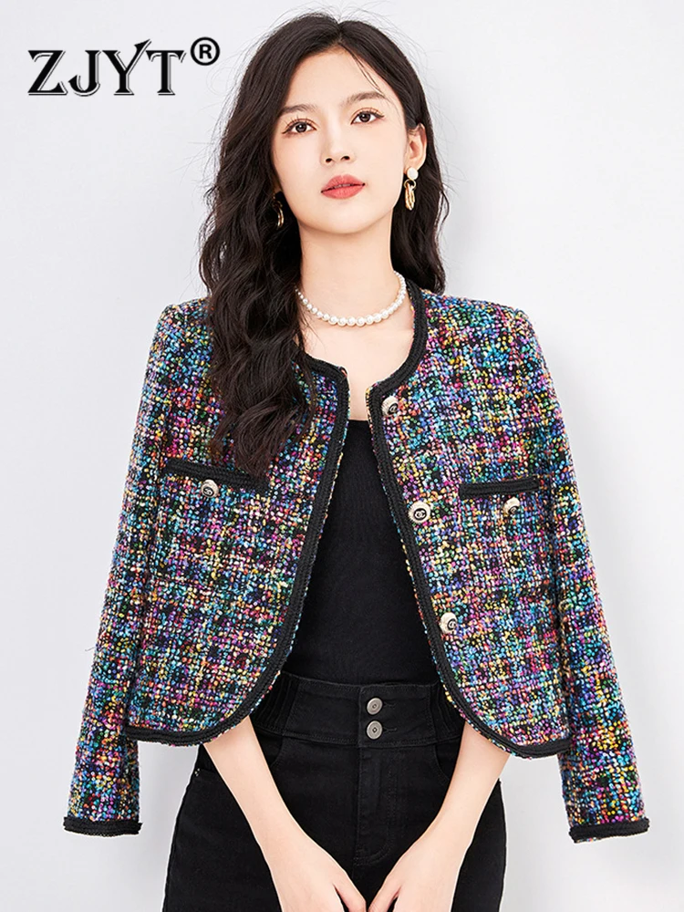 

ZJYT Luxury Sequined Tweed Woolen Jacket for Women 2023 Fashion Autumn Winter Coats Short Party Outerwear Veste Femme Elegant