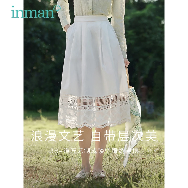 INMAN Women Skirt 2023 Spring A-shaped Loose Pocket Exquisite Embroidery Hollow Lace Hem Elegant Chic Mid-length Skirt exquisite