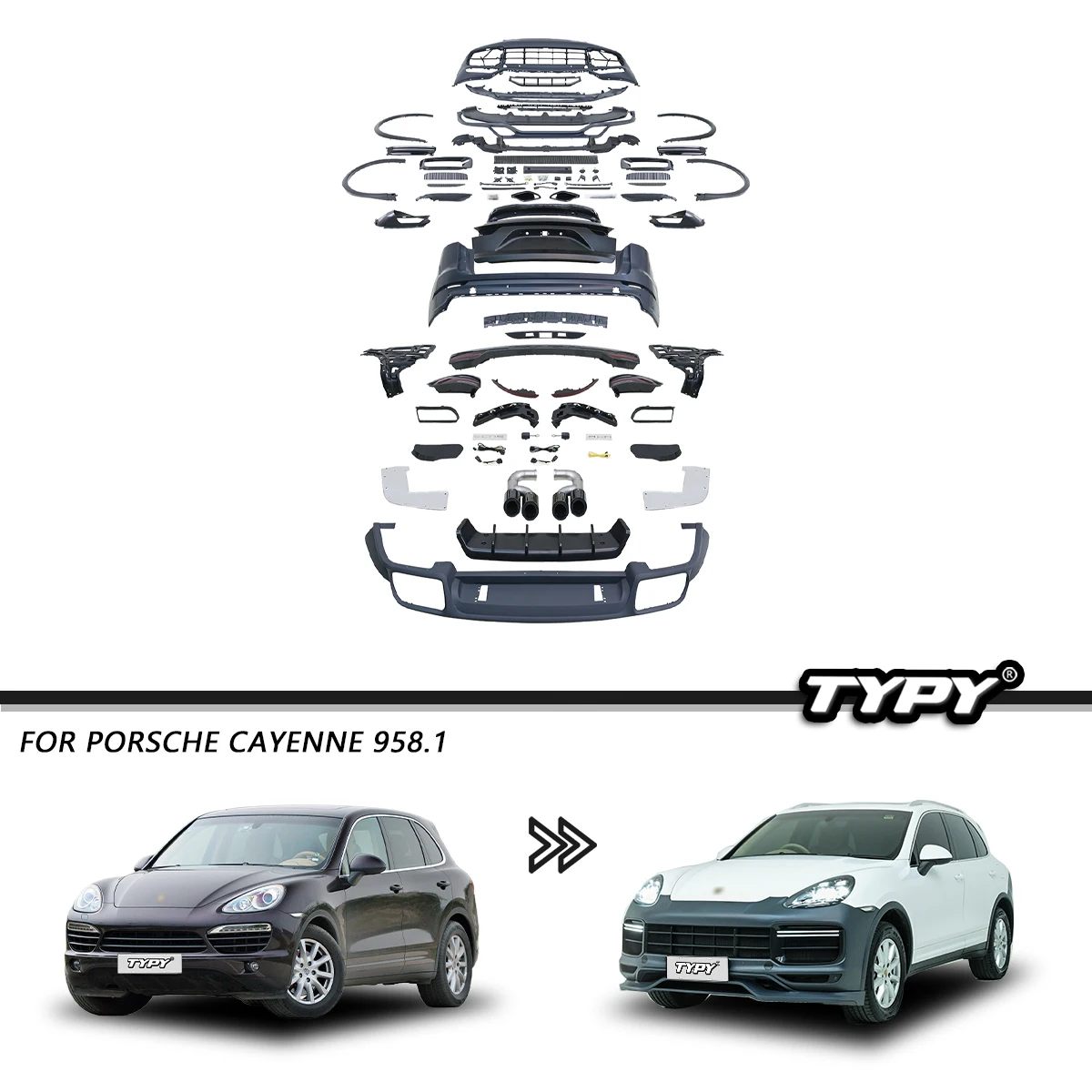 Typy Accessori Per Auto Per Kit Carrozzeria Porsche Cayenne 2011-2014 958.1 Aggiornamento 9 Y0 Turbo Paraurti Anteriore Posteriore Fari Luci Posterior