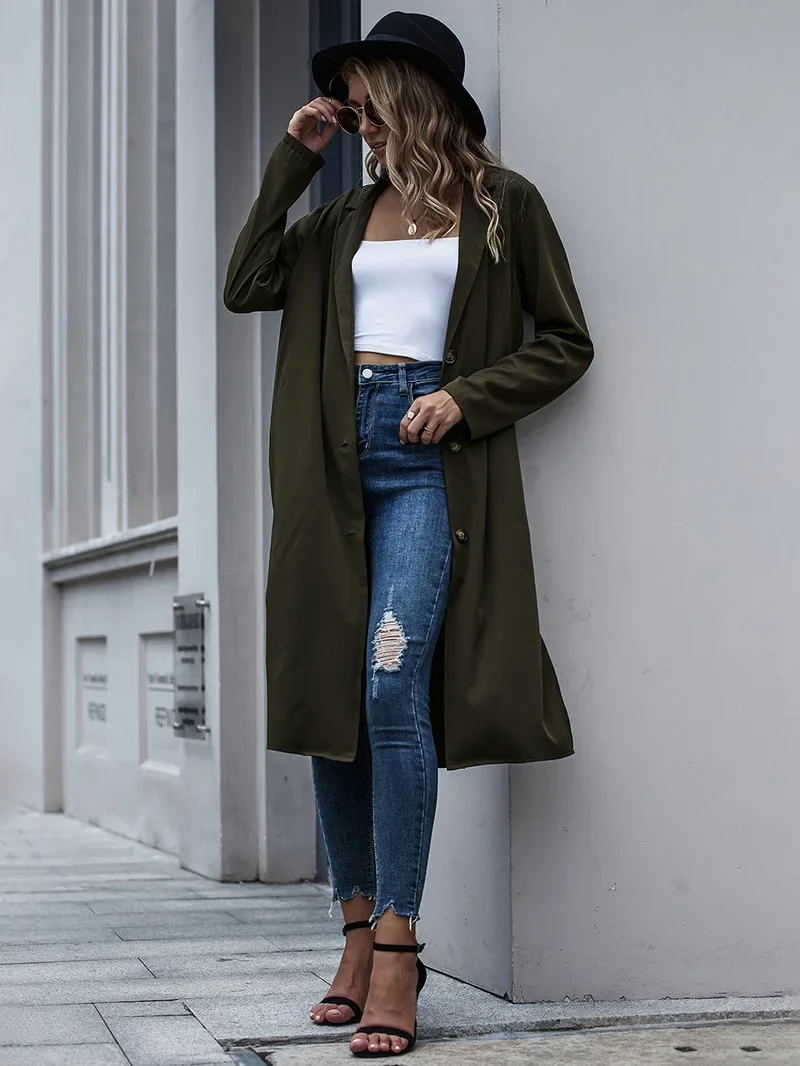 

Women Solid Colors Windbreaker Style Blazer Single Breasted X-Long Suits Street Indie Fashion 2023 Office Commute Casual Blazers