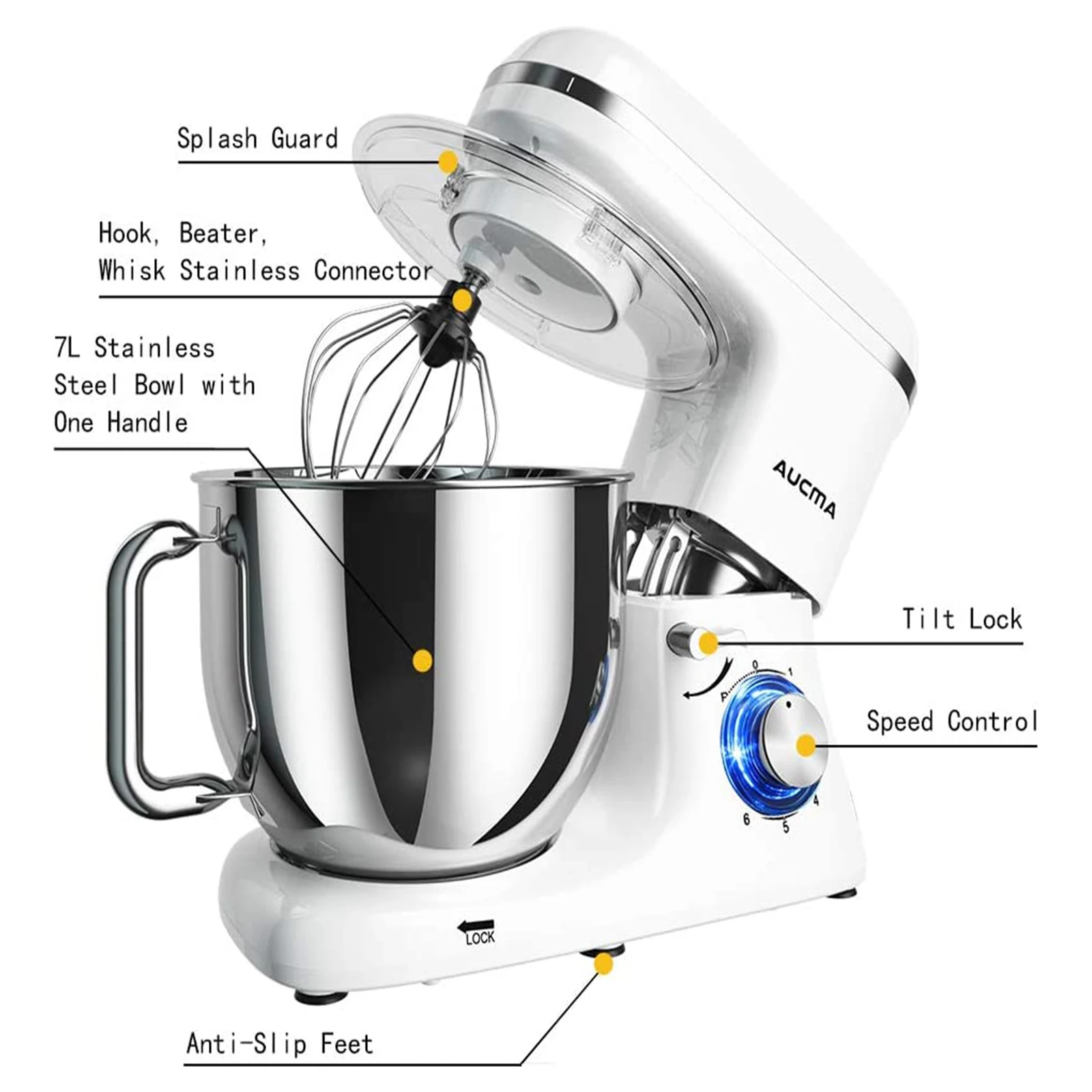 Aucma Stand Mixer 7L Tilt-Head 6 Speed Electric Kitchen Mixer with Dough  Hook Wire Whip & Beater 1400W White - AliExpress