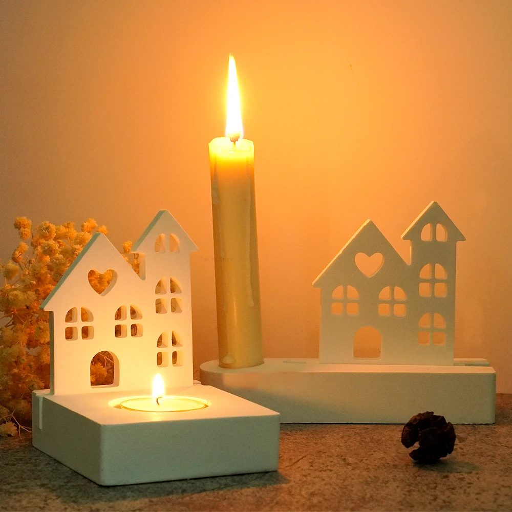 Love House Candle Holder Ornament Silicone Mold DIY Window Houses Tea Light Candlestick Molds Plaster Resin Crafts Making Mould