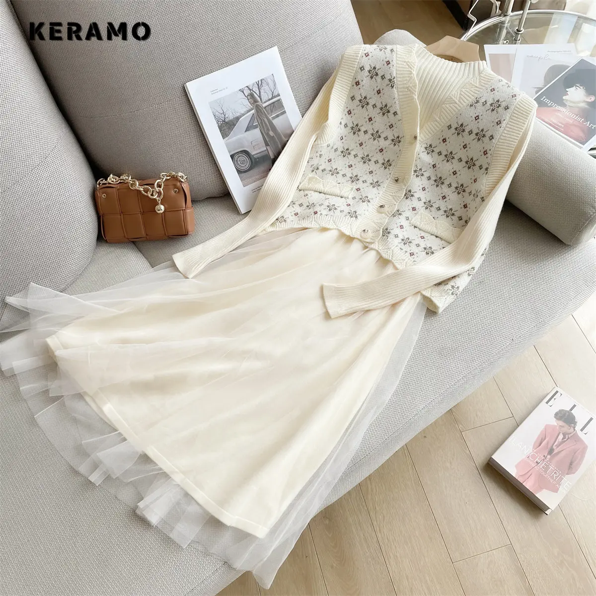 

2023 Spring Casual Long Sleeve V-neck Floral Print Shirts For Women Vintage Classic Chiffon Office Lady Patchwork Knitting Tops