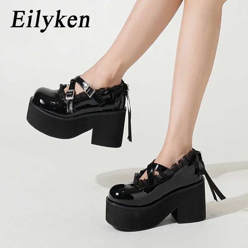 Eilyken Fashion Patent Leather Lace Platform Women Pumps Sandal Round Toe Chunky High Heels Buckle Strap Casual Shoes