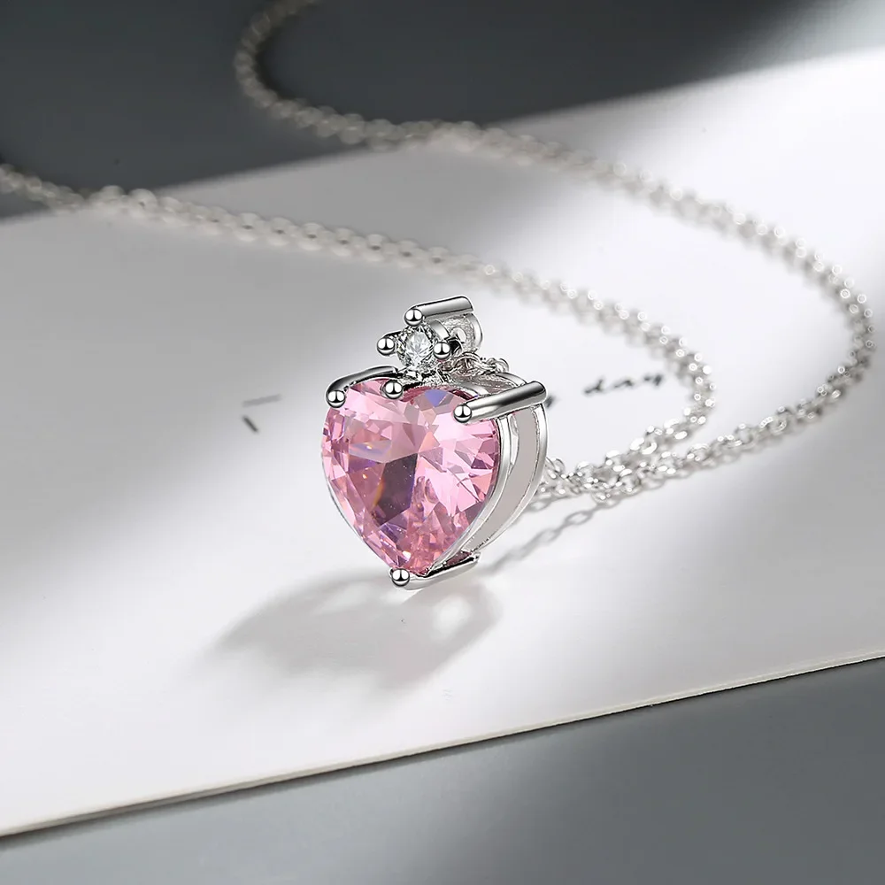 S925 Sterling Silver Diamond Heart-Shaped Pink Pendant Clavicle Chain Necklace (40cm + 5.0cm)