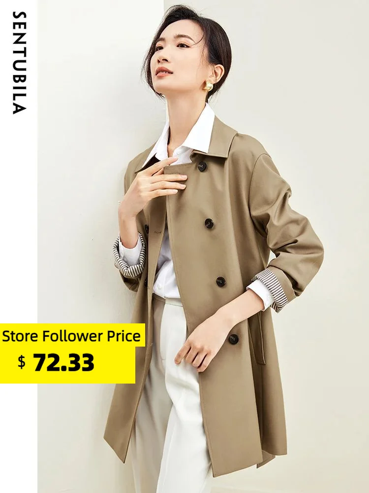 

SENTUBILA Vintage Double-breasted Belted Trench Coat for Women 2023 Autumn Simple Elegant Jackets Long Sleeve Lapel Outerwear