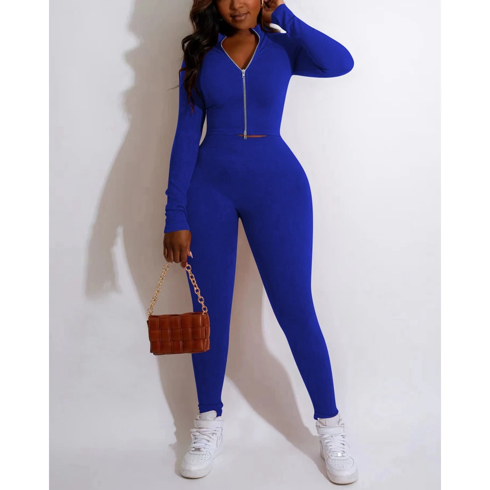 Casual Womens Tracksuit Zipper Design Long Sleeve Top & Skinny Pants Set Workout Tight Sporty Yoga 2 Piece Set for Women Outfits