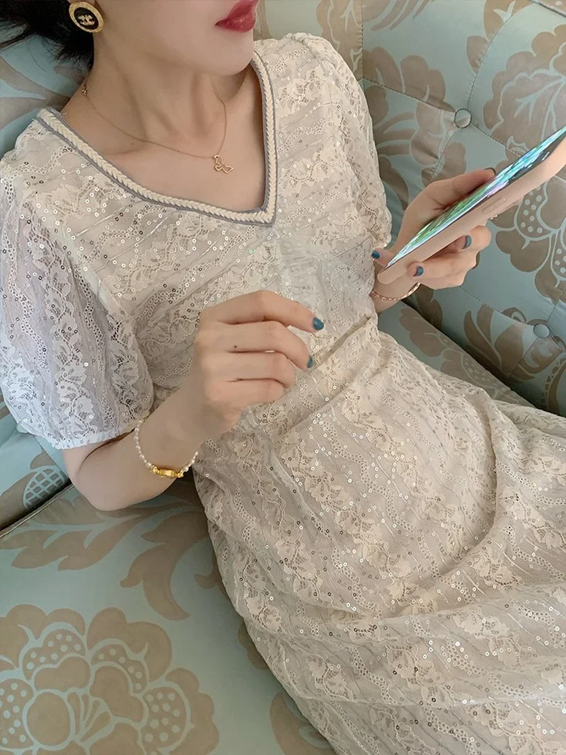 

Sequined Lace Zipper Short-sleeved V-neck A-line Solid Beige Oversize Slim Sweet Fashion Retro Cocktail Dresses For Women Party