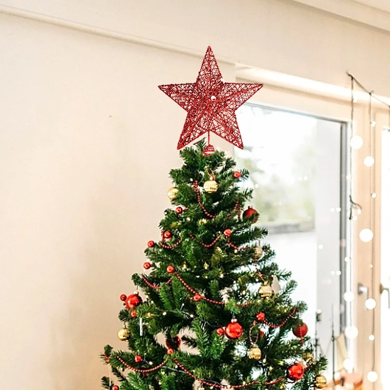 Christmas Tree Topper Star Gold Silver Glitter Five-Pointed Star Pendant Xmas Tree Top Ornaments For Home Navidad New Year Decor christmas tree decoration christmas star decoration