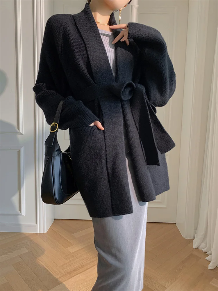 

Вязаные свитера для женщин свободный роскошный кардиган с поясом женская модная одежда 2022 Осень Зима Новинка H313