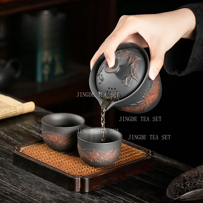 1 set of purple pottery covered bowl teapot, household ceramic large capacity carved tea set, tea brewing set