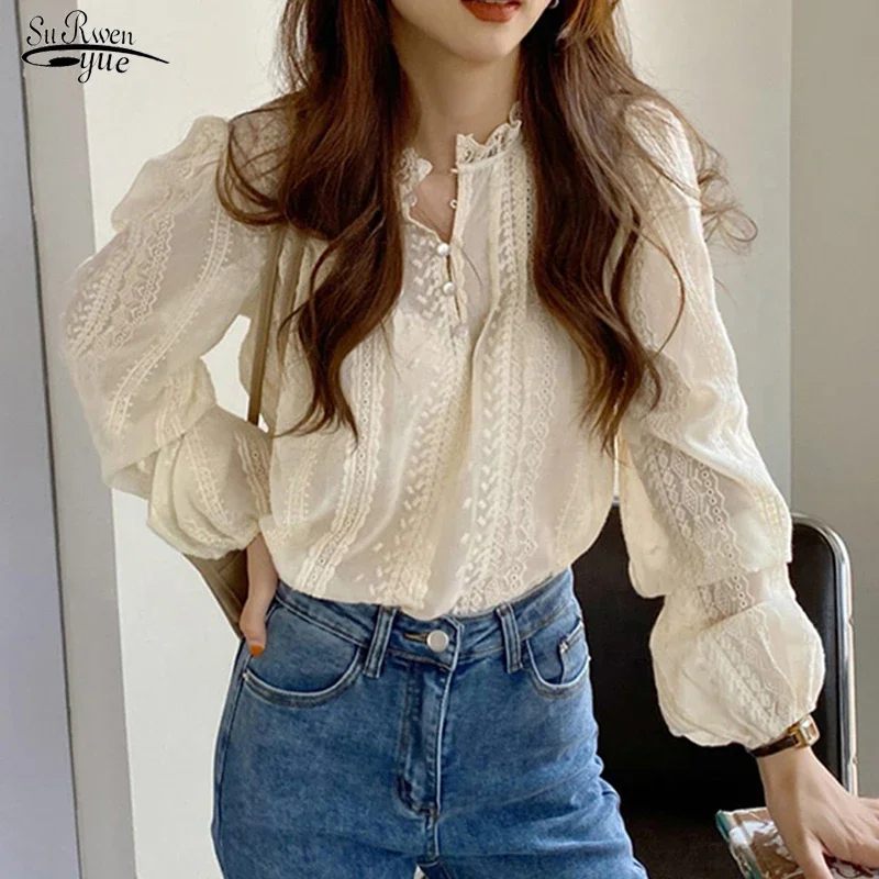 Women Spring Elegant Blouse Puff Sleeve Long Sleeve Tops
