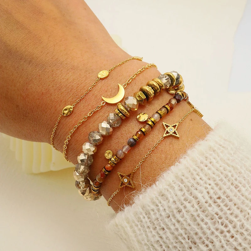 

New Stainless Steel Natural Stone Beaded Moon Bracelets for Women Waterproof Charms Bracelet Jewelry Fashion Gift