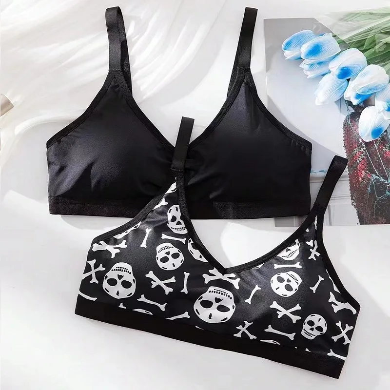 Skull Print Cotton Women's Bra Black Underwear, Sexy Seamless Comfortable Underwear Daily/Party Wear Without Steel Ring Bra 4