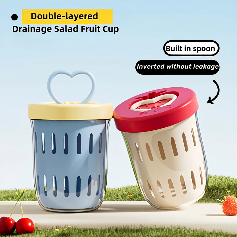1pc Drippable Fruit Cup with Fork Portable Sealed Leak-proof Kitchen Picnic Box Double Layer Fruit Cup Drainage Salad Snack Cups