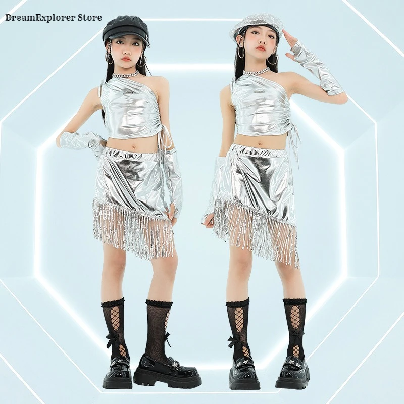 Hip Hop Girls Fashion Silver Crop Top Dance Tassel Skirt Kids K-pop ...
