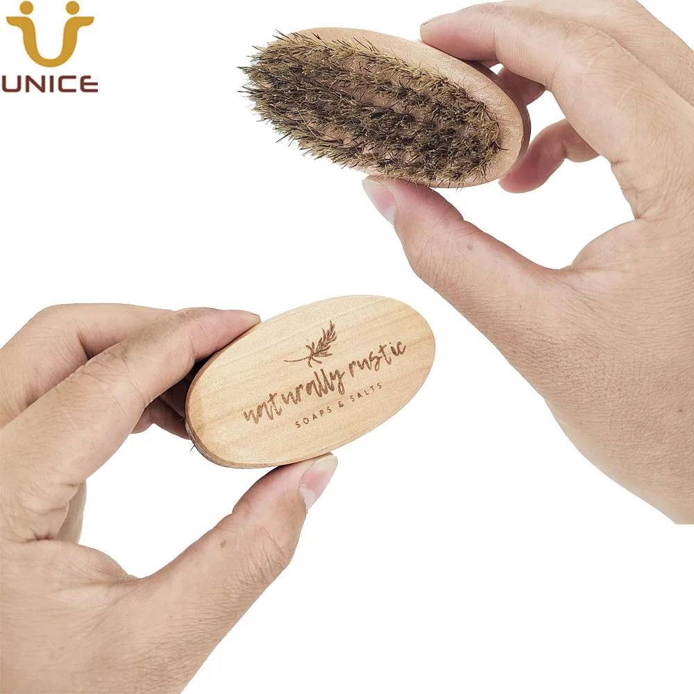 MOQ 100 PCS OEM Customized LOGO Small Oval Beard Brush with Boar Bristle & Wood Handle Mini Pocket for Men Grooming