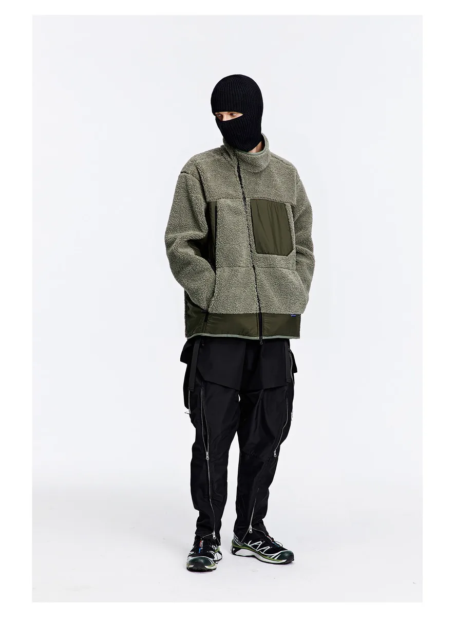 Reindee Lusion 22FW  Diagonal zipper fleece jacket warm coat spicing materials multiple pockets techwear gorpcore outdoor