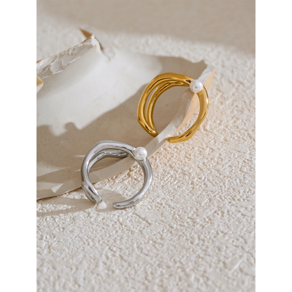 Yhpup Ring Stainless Steel Pearls Geometric Open