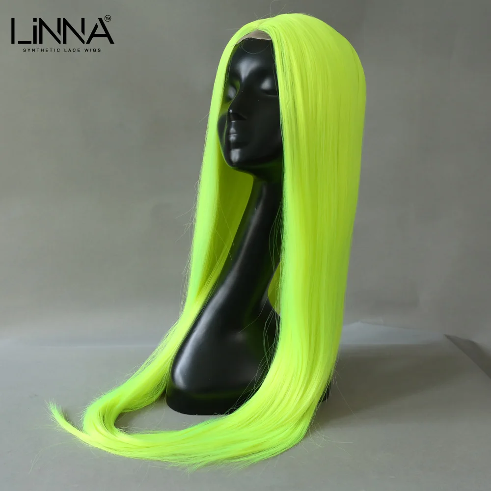 LINNA Long Straight Grass Green Synthetic Lace Wig For Women High Temperature Fiber Pink Green Wig Natural Hair Cosplay Wigs
