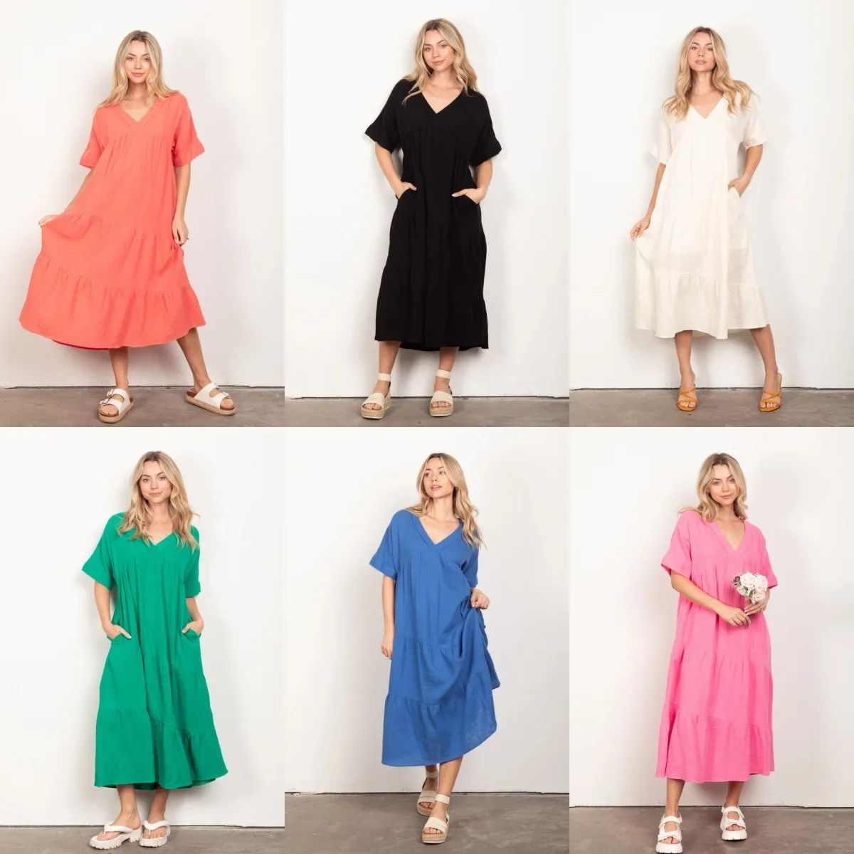 

2024 European and American new summer women's loose casual V-neck solid color long skirt short-sleeved dress