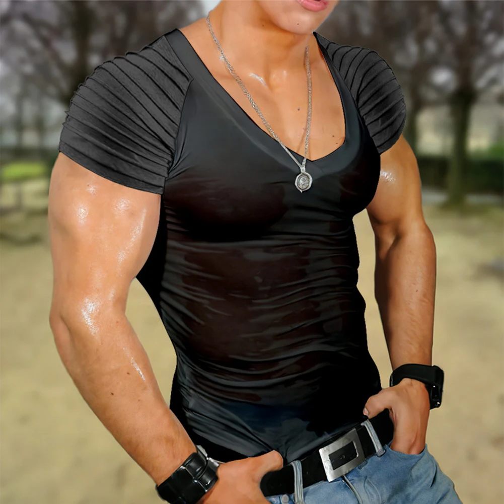

Футболка мужская облегающая с V-образным вырезом, спортивная рубашка с коротким рукавом для тренировок в мышцах, топ облегающий однотонный Повседневный