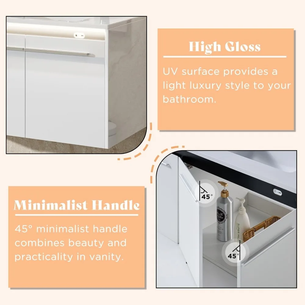 60" LED Floating Bathroom Double Vanity with Sink Combo, Modern High Gloss Wall Mounted Bathroom Storage Cabinet White 4
