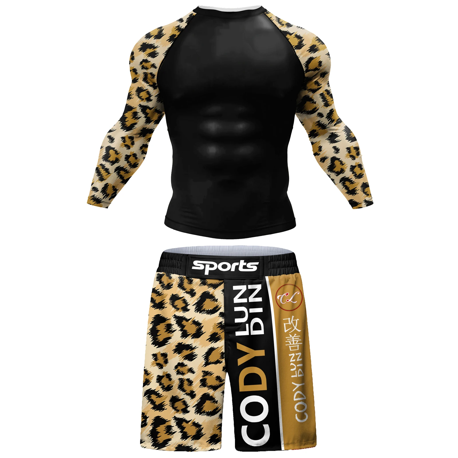 New Kickboxing Rashguard Jiu Jitsu MMA T-shirt +Pant Set Men Bjj Gi Rash Guard Gym Muay Thai Shorts Leopard Printed Active Wear 4