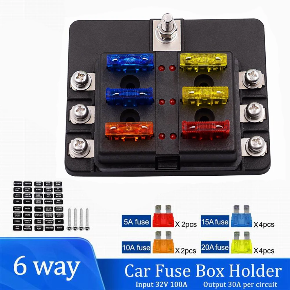 CarBoatFuseBoxHolderWith6WaysBladeFuseHolderBlockWarning