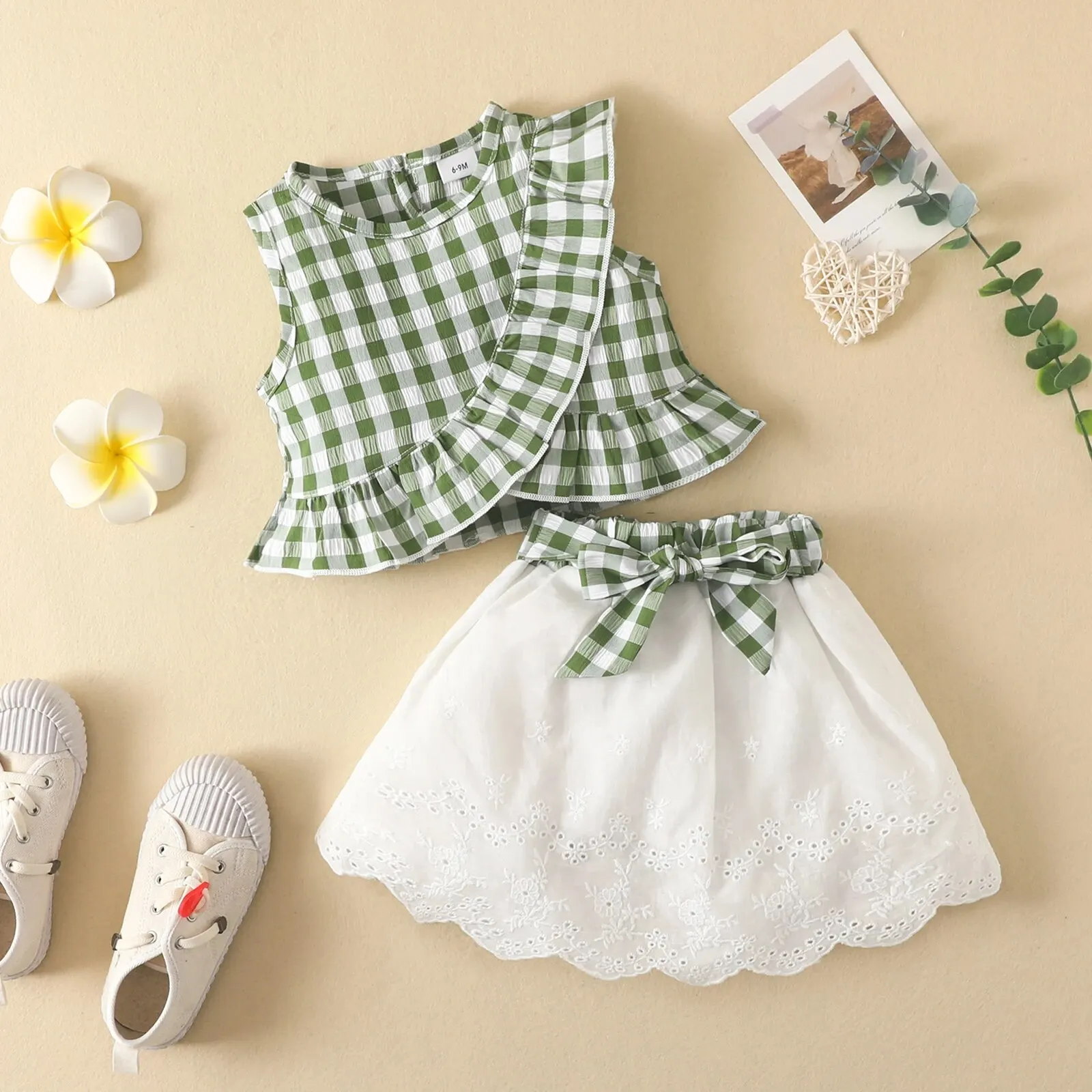 Girls Summer Ensemble Sleeveless Plaid Ruffle Top Lace Hem Skirt kids clothes set