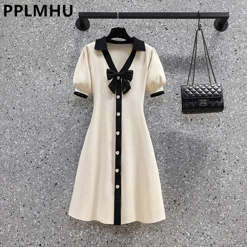 

Женское трикотажное платье-мини с бантом, черное однобортное винтажное платье абрикосового цвета в Корейском стиле, лето 2022