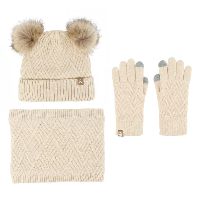 Set 3pcs Children Winter Beanies Scarf Gloves Cute Fur Pompoms Fleece Lining Boys Girls Kids Winter Warm Set Junior 5-12Years