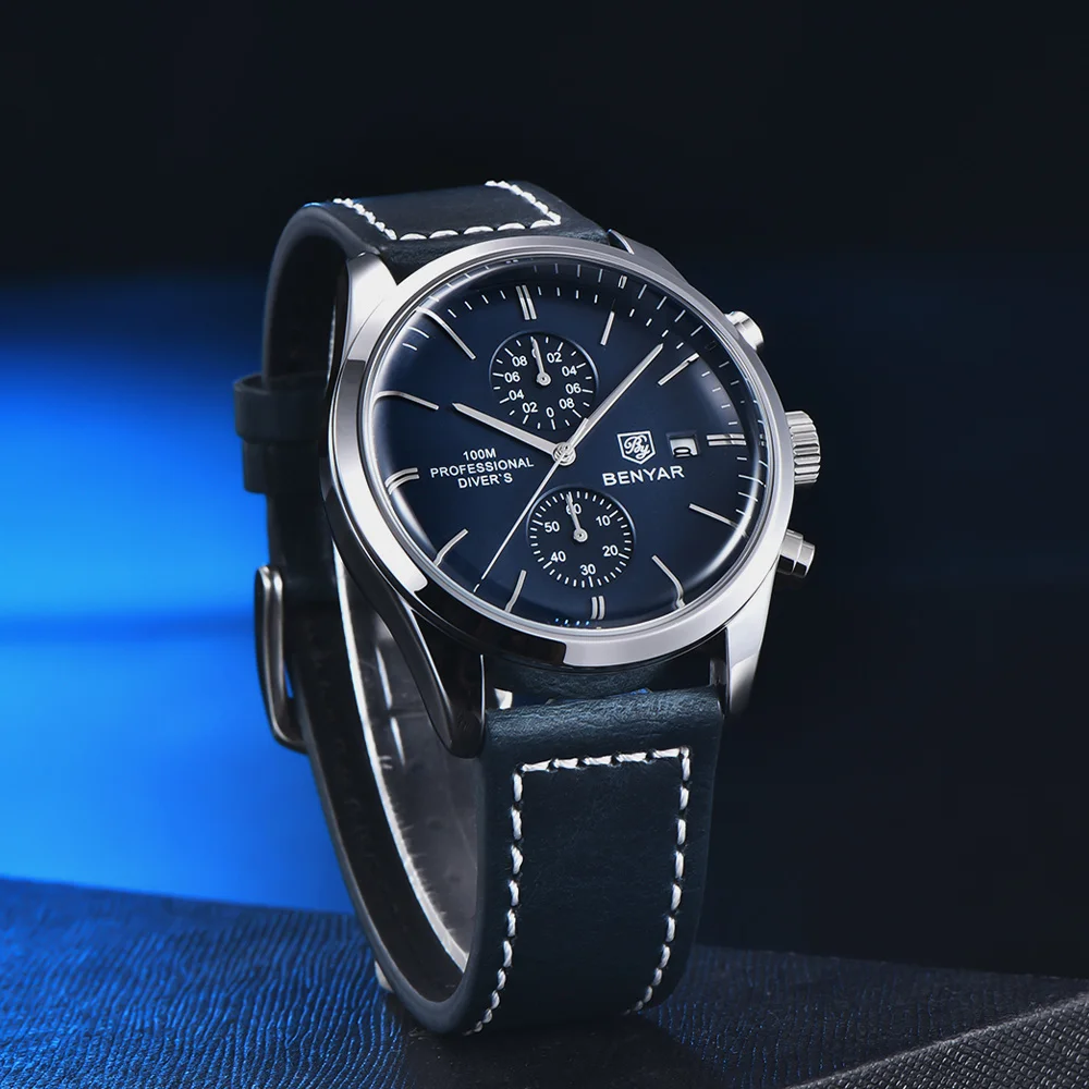 BENYAR New Leather Men Quartz Wristwatches Luxury Brand 100M Waterproof Men Watch Military Sports Chronograph Watch For Men