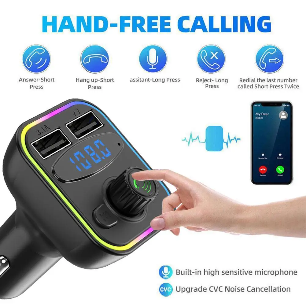 

Автомобильное зарядное устройство 5,0, FM-передатчик PD Type-C, два USB, устройство Hands-Free, плеер, быстрая окружающая красочная зарядка, MP3 модулятор Q0I9