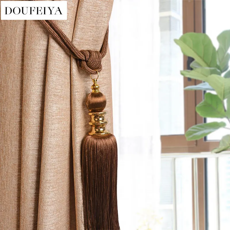 

2PCS European Style Luxury Hanging Ball Tassel Brown Curtain Buckle Straps Tied Rope Decoration Hanging Spikes for Living Room