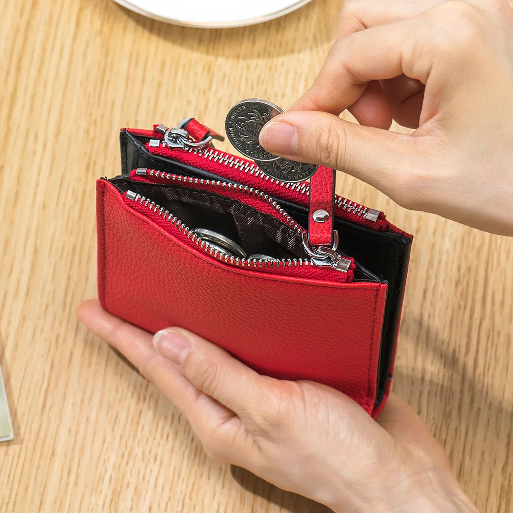 Genuine Leather Short Wallet  Multifunctional and Fashionable Wallet Double Zipper Pocket Change Card Bag