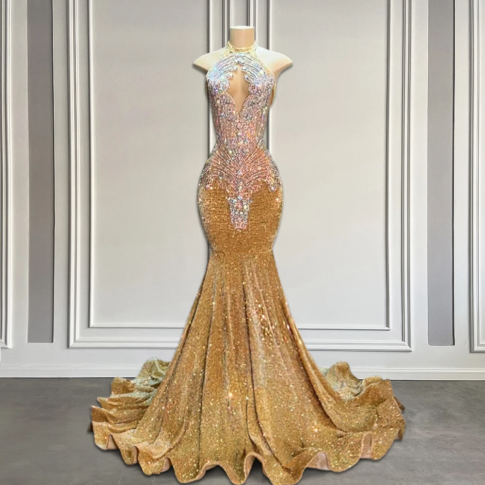 

Long Champagne Sequin Prom Dresses for Black Girls Luxury Silver Crystal Rhinestone Halter Mermaid Gold Prom Gowns 2024