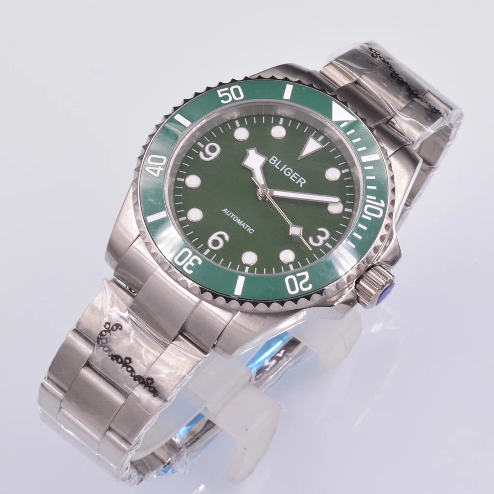 

40mm BLIGER Automatic movement Sterile Green dial Sapphire glass Stainless steel Mechanical Watches Luminous NH35 Mens Watch