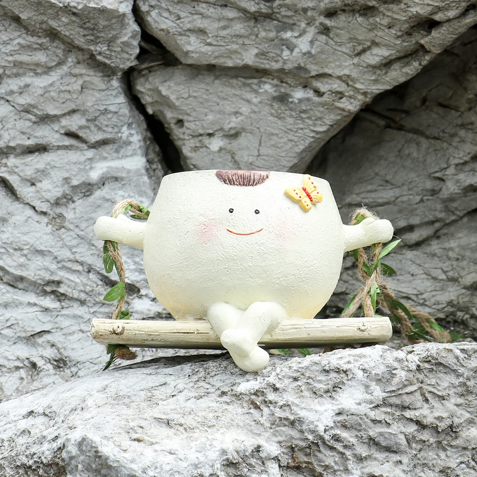 Pot De Fleurs Suspendu Avec Visage Souriant - Balançoire Décorative Avec Trou Drainage, Pour Plantes Succulentes, Résine